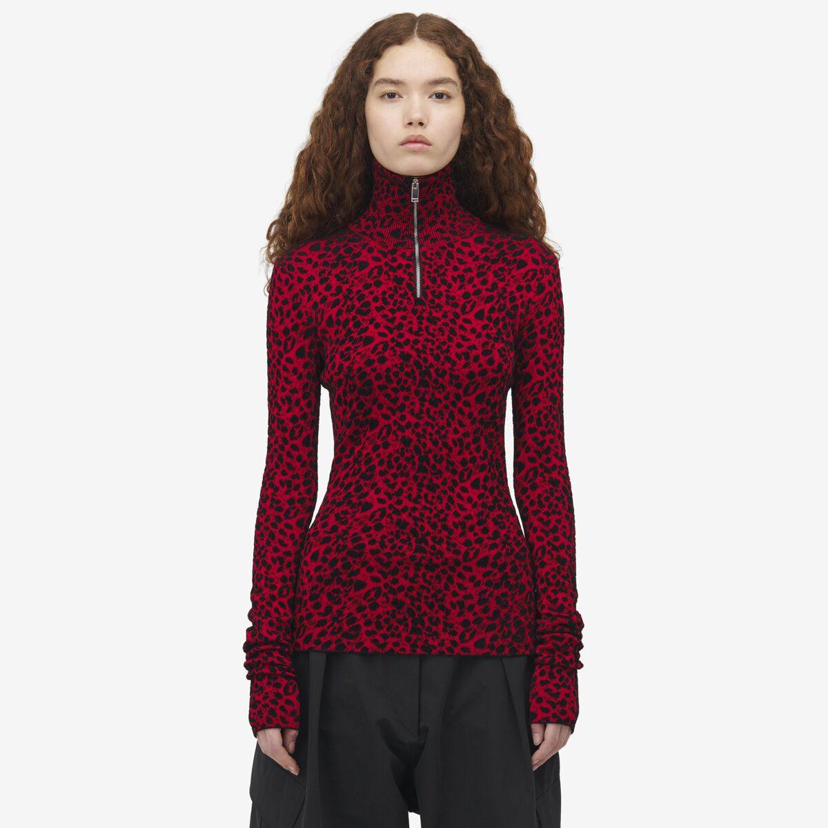 Alexander McQueen Women's Red Leopard Jacquard Fitted Top - 10 (Viscose, Polyamide & Elastan)